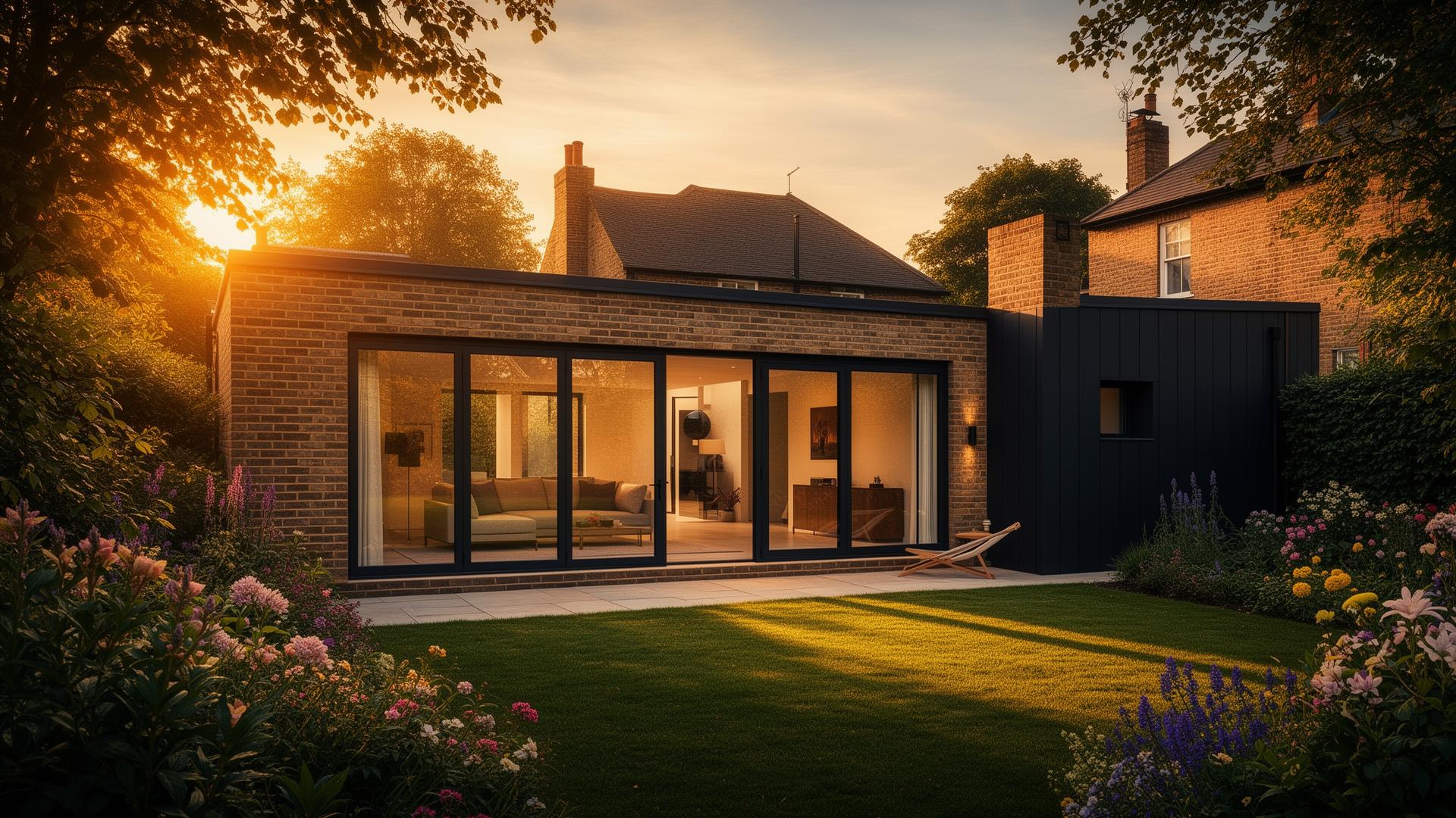 Modern house extension at golden hour